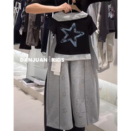 韓國女童打底衫春秋款2025新款兒童裝洋氣秋裝長(cháng)袖t恤假兩件上衣t 上衣+褲子【兩件套】 均碼 120cm