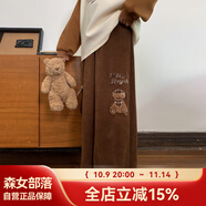 森女部落甜美可愛(ài)小熊刺繡燈芯絨休閑褲女新款百搭高腰闊腿褲秋季 棕色褲子 S 模特碼