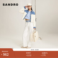 SANDRO秋冬女裝法式舒適撞色拼接牛仔襯衫翻領(lǐng)長袖直筒短款外套 淡褐色（偏米白） S (1)