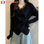 VOYDOVE大碼女裝復古設計感V領(lǐng)蕾絲拼接針織衫女胖MM顯瘦不規則打底毛衣 黑色 M [建議80-100斤]