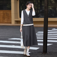 SATCHI輕奢簡約風假兩件套裝女2025春秋季新款V領馬甲半身裙休閑一整套深灰色M 建議100-115斤