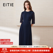 愛特愛（EITIE）秋冬新款商場同款薄紗透視五分袖百褶雪紡連衣裙長裙6007771 深藍31 XL 170