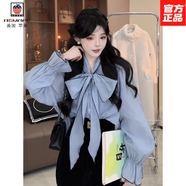 AEMAPE2025春季法式蝴蝶結系帶喇叭袖襯衫女春秋復古氣質(zhì)打底襯衣 藍色 S
