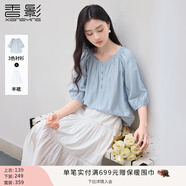 香影中袖襯衫女圓領(lǐng)2025夏裝新款慵懶泡泡袖氣質(zhì)淑女寬松藍色上衣 藍色 S 155/80A/85-95斤