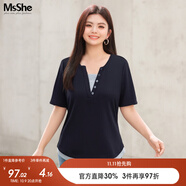 MsShe【長(zhǎng)袖假兩件針織衫】大碼女裝2025秋裝胖mmT恤遮肚巨顯瘦毛衣 短袖【V領(lǐng)】藏青藍(lán)色現(xiàn)貨 2XL