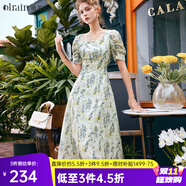 Olrain歐芮兒法式復(fù)古方領(lǐng)短袖連衣裙女夏季氣質(zhì)茶歇長裙 花色 S