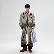 grosfairy春秋季小眾釘珠扎染牛仔外套男美式重工水洗寬松設計感磨破兩件套 灰色【套裝】 M