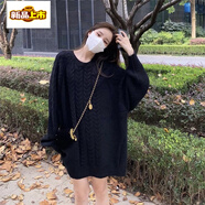 初徑麻花套頭毛衣外套女冬新款秋寬松韓版休閑慵懶風(fēng)針織毛衣女 黑色 S 建議【90-100斤】