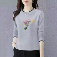 YISENNN純棉春秋季時(shí)尚印花女裝新款長(cháng)袖T恤女士寬松顯瘦圓領(lǐng)打底衫上衣 灰色【花朵】 2XL 建議120-135斤