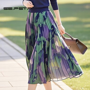 夏典素訂女王（SE.PSTP）媽媽一整套穿搭春秋新款知性簡(jiǎn)約半開(kāi)領(lǐng)針織衫中長(cháng)款印花半裙套裝 【單件】印花半身裙 L (100-110)