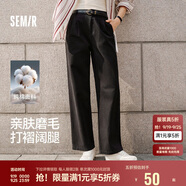 森馬（Semir）休閑褲女純棉打褶闊腿褲腰帶秋復(fù)古磨毛長褲顯腿長101524127005A