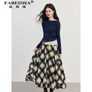 法貝莎波嬉風(fēng)一字領(lǐng)斜肩T恤復古格紋半身裙兩件套女2026秋季新款 套裝 L