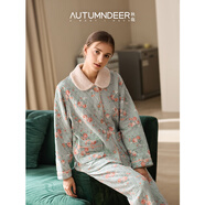 秋鹿睡衣女恒溫保暖夾棉純棉25冬季三層空氣棉碎花洋氣家居服套裝 粉綠 M