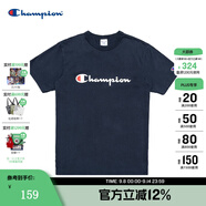 Champion夏季經(jīng)典款印花草寫(xiě)LOGO圓領(lǐng)休閑運動(dòng)T恤無(wú)性別冠軍短袖男女情侶 藏青色(偏?。?M