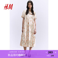 H&M女裝花卉連衣裙秋季甜美印花裙燈籠袖收腰中長(zhǎng)裙連身裙1244887 柔粉色/圖案 160/88 S