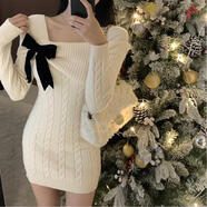 入秋謠秋冬新款方領(lǐng)長(cháng)袖針織連衣裙女新年戰袍立體蝴蝶結修身針織短裙 杏色 AH0794 均碼