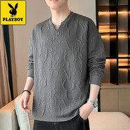 花花公子（PLAYBOY）重磅提花立體衛衣長(cháng)袖t恤男款秋冬季潮牌寬松v領(lǐng)休閑白色上衣體恤 灰色 2378 XL