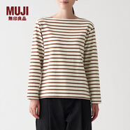 無印良品 MUJI 女式 粗棉線 天竺編織 一字領(lǐng)長(zhǎng)袖T恤 BBD05A1A 磚紅色X橫條 S