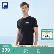 FILA官方男子短袖T恤夏季簡(jiǎn)約圓領(lǐng)運(yùn)動(dòng)男裝上衣休閑針織套頭衫 深黑-BK（新版） S 165/88A