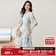 尚都比拉[100%桑蠶絲]夏季短袖真絲連衣裙女V領高級感氣質(zhì)印花裙