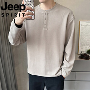 JEEP SPIRIT吉普國際品牌長袖T恤男士2023新款秋冬季紐扣純色休閑運動打底衫 灰杏 M 推薦90-115斤