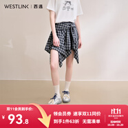 西遇格紋半身裙女2025年夏季新款不規(guī)則下擺綁帶設(shè)計(jì)感高腰短裙 藍(lán)色 S （26）