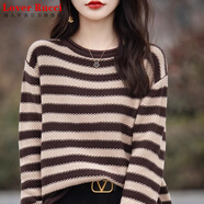 LOVER RUCCI100%純棉長(cháng)袖針織衫女卷邊圓領(lǐng)條紋拼色針織毛衣寬松慵懶風(fēng)打底衫 咖色 M