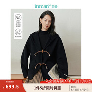 茵曼（INMAN）連帽雙面呢外套冬季女裝新款牛角扣寬松上衣 午夜黑 S