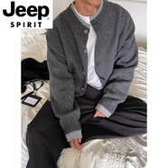 JEEP SPIRIT雙層假兩件老錢(qián)風(fēng)排扣開(kāi)衫毛衣男秋冬針織外套美式立領(lǐng)夾克 灰色 M