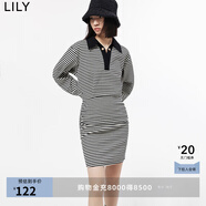 LILY春新款女裝優(yōu)雅復(fù)古時尚條紋洋氣通勤氣質(zhì)寬松高腰連衣裙 510黑 M