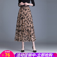 半身裙女春夏秋冬中長(zhǎng)款碎花裙夏季印花a字網(wǎng)紗裙半身長(zhǎng)裙女士薄款大擺紗裙子 咖色 均碼 (90-148斤可穿)