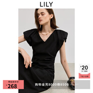 LILY2025夏新款女裝復古簡(jiǎn)約V領(lǐng)小飛袖收腰休閑小黑裙連衣裙長(cháng)裙 510黑 XL