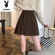 花花公子（PLAYBOY）秋冬毛呢百褶短裙梨形身材大碼胖mm微胖冬天配毛衣美拉德半身裙女 咖啡色 內帶安全褲 S 【80-100斤】