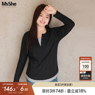 MsShe【長袖假兩件針織衫】大碼女裝2025秋裝胖mmT恤遮肚巨顯瘦毛衣 長袖【V領(lǐng)】黑色現(xiàn)貨 XL