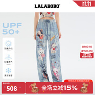 LALABOBO[防曬防紫外線]趣味闊腿褲女2025夏新款寬松百搭長褲LBEB-WXZC22 藍(lán)色 輕薄 M