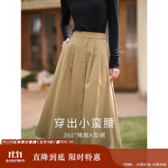 茵曼秋女裝文藝復(fù)古通勤中長(zhǎng)款學(xué)院風(fēng)純棉半身裙女傘裙子 茶綠色1 M