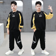 她及其他胖男童秋裝套裝春秋2025新款胖男孩兒童衛(wèi)衣運動服秋季長褲兩件套 卡其色拼接【春秋套裝】 150 碼建議130-145身高，70-90斤