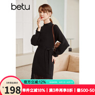 betu百圖女裝網(wǎng)紗拼接小高領(lǐng)木耳邊燈籠袖針織連衣裙女2110T69 黑色 M