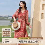 尚都比拉春秋中長款印花紅色連衣裙氣質(zhì)女神范顯瘦度假裙子 紅花 XL 