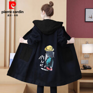 皮爾卡丹加絨牛仔外套女士冬季大d碼寬松中長(cháng)款棉襖風(fēng)衣羊羔毛保暖上衣棉 7019黑色小女孩【不加絨】 S 110-140斤