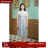固執(zhí)（OBSTINATE）【特價】夏季新款中式蕾絲格子印花短袖中長連衣裙31912LQ067 綠藍(lán)格子 M