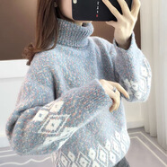 羅蒙水貂絨高領(lǐng)羊毛衫女加絨加厚毛衣女針織衫慵懶風(fēng)韓版高中生學(xué)生 花紫色水貂 XL 120-130斤