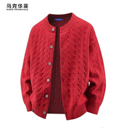 馬克華菲（MARK FAIRWHALE）潮流休閑長(cháng)袖針織開(kāi)衫毛衣男士秋冬季提花寬松保暖打底上外套服裝 中國紅【官方正品】 XL 【建議140-160斤】
