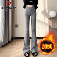 皮爾卡丹灰色交叉高腰微喇褲女秋冬加絨加厚條絨褲子修身彈力小個(gè)子休閑褲 灰色 加絨 L