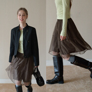 EGGKA法式氣質(zhì)垂感蓬蓬網(wǎng)紗裙咖色高腰a字半身中裙E25B30129AF 咖色 S