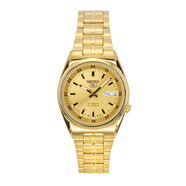 精工（SEIKO）手表 SIEKO5號系列商務(wù)休閑夜光雙日歷黑盤(pán)鋼帶自動(dòng)機械男士腕表 鍍金色調SNK574J1
