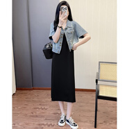 凡客誠品夏季感整套穿搭軟牛仔短袖外套搭配黑色遮肚內搭背心連衣裙女 黑色背心裙常規版+牛仔上衣 套裝 S 建議85-105