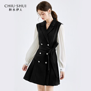 秋水伊人經(jīng)典西裝式黑色連衣裙春季新款女優(yōu)雅通勤假兩件裙子 黑色 2XL