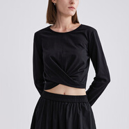 CANVAUS長(cháng)袖純棉扭結打底衫T恤女純色修身圓領(lǐng)短款露臍簡(jiǎn)約上衣 黑色 S