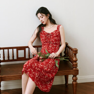 詩凡黎（‘S EIFINI）【紅石榴】詩凡黎紅色碎花度假吊帶洋裝25夏新款荷葉邊魚尾裙女 紅色洋裝 M 160_84A_